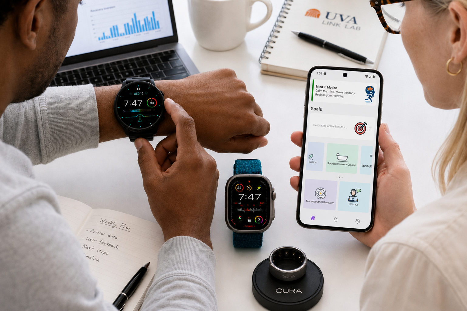 Two UVA researchers reviewing wearable data — a smartwatch, Apple Watch Ultra, Oura Ring, and a smartphone running the Mind in Motion intervention app