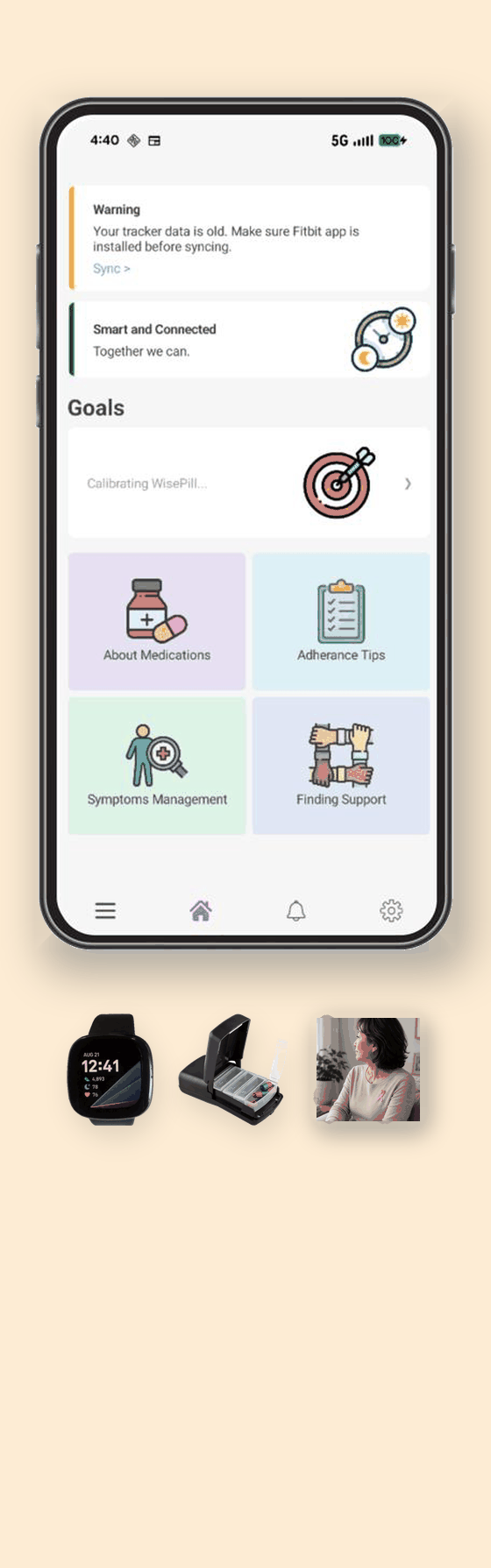 Medication Adherence study app shown with the Fitbit Sense, the Wisepill RT3000 dispenser, and a breast cancer survivor